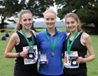 From left to right: Natasha Hatswell, Samantha Johnson and Stephanie Burns, Rotherham senior womens winning team at the Northern Cross Country Relays, Graves Park, Sheffield.
